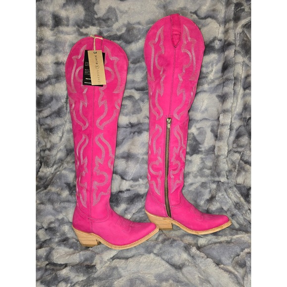 NWB Liberty Black Hot Pink Suede Western Cowboy Boots Size 6.5 with‎ Embroidery